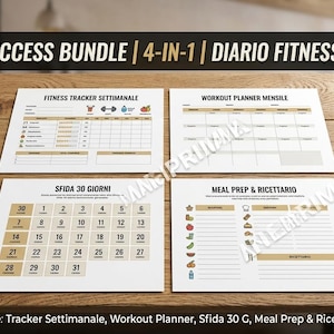 May include: A fitness success bundle with four printable PDF documents on a wooden table. The documents include a fitness tracker, workout planner, 30-day challenge, and meal prep guide. The text "Fitness Success Bundle" is at the top.