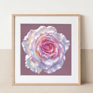 Pink rose botanical art print displayed in a natural wood frame on a neutral wall