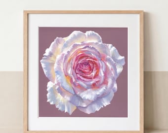 May include: A square framed wall art piece featuring a detailed painting of a single rose. The flower displays layered petals in shades of white, soft pink, and pale yellow, set against a solid, muted mauve background within a light wood frame.
