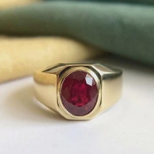 Bezel Set Solitaire Wedding Ring for Men 2.00CT Oval Shape Natural Ruby in 14K Solid Yellow Gold