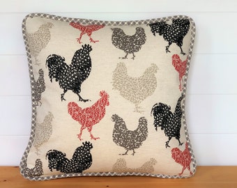 French Country Pillow Cover, Farmhouse Decor, Decorative Rooster Pillows, Country French Decor, Red Black Beige Pillows, Country Cushions