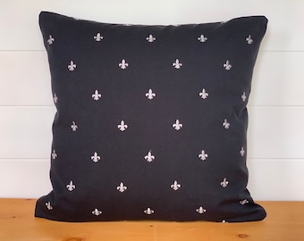 French Country Fleur de Lis Pillow Cover, Black with White Embroidered Fleur de Lis, Quality Country French Decor, French Cushion