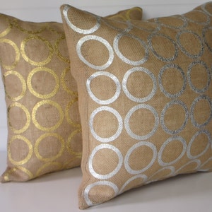 Burlap Pillow Cover, Metallic Silver or Gold Circles Metallic Burlap, Shabby Chic Metallic Decorative Throw Pillow, Sparkly Accent Pillow image 1