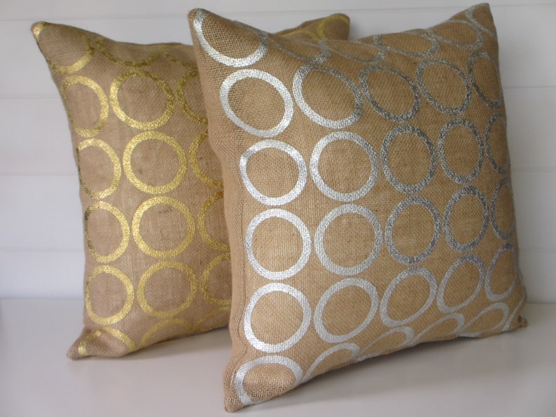 Burlap Pillow Cover, Metallic Silver or Gold Circles Metallic Burlap, Shabby Chic Metallic Decorative Throw Pillow, Sparkly Accent Pillow image 1