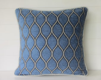 Blue Pillow Cover 18", Iman Malta Aegean w/Silver trim, Modern Design, Soft Texture, Silver Welted Pillow, Designer Fabric, Modern Cushion