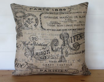 Burlap Pillow Cover, Paris French Script Burlap Pillows, Vintage Inspired Burlap, Country French Pillows, Cottage Decorative Throw Pillows