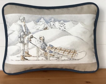 Winter Pillow Covers, Lodge Cabin Cushions.  Paris Fabric by Olivier Thevenon. Snow Winter Sled dogs, Husky Dogs, Reindeer Pillow