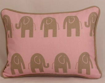 Pink Elephant Girls Room Pillow, Baby Elephant Pillow, Pink and Beige Neutral Decorative Pillow, Throw Pillow, Pink Cushion 12x16" complete