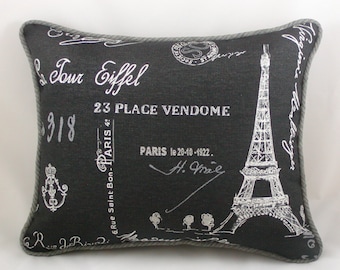 Eiffel Tower Pillow Cover, French Country Pillow, Black Gray & White Paris Fabric Decorative Throw Pillow, Shabby Chic Pillow, 14x17 Cushion