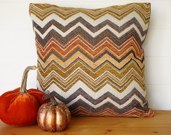 Fall Decor Chevron Stripes Gold Rust Grey Pillow Cover, Soft Thanksgiving Cushion, High-End Pillows, Gray Pillow Reverse, Striped Pillows