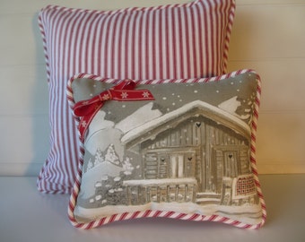 Christmas Mini Pillow, Paris Fabric, Mountain Cabin in Snow, Grey, Red-White Ticking Holiday Lodge Decor Stuffed Winter Accent Cushion