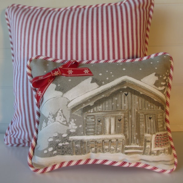 Christmas Mini Pillow, Paris Fabric, Mountain Cabin in Snow, Grey, Red-White Ticking Holiday Lodge Decor Stuffed Winter Accent Cushion