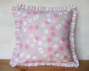 Polka Dot Pink Pillow Cover with Ruffles, Valentine Gift Girl's Room Accent Pillow, Pastel Stripes & Polka Dot Decorative Throw Pillow, 18"