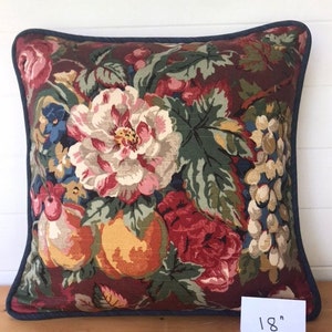 French Country Pillow Cover, Red Floral Designer Throw Pillow Cover, High End Red and Blue Floral and Fruit Country French, Cottage Decor