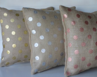 Metallic Burlap Pillow Cover, Gold, Hot Pink or Lavender! Metallic Dot Burlap, Sparkle Shabby Chic Throw Pillow, Cottage Cushion