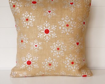 Winter Burlap Pillow Cover, Snowflake Cushion, Burlap Christmas Pillows, Valentines Day Decor, Metallic Burlap, Sparkly Burlap Cushion, 16"