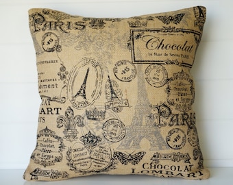 Paris Pillow Cover, French Chocolat Burlap Pillow, Eiffel Tower Paris Cushion, French Country Pillow, Country French Cushion, Burlap Pillows