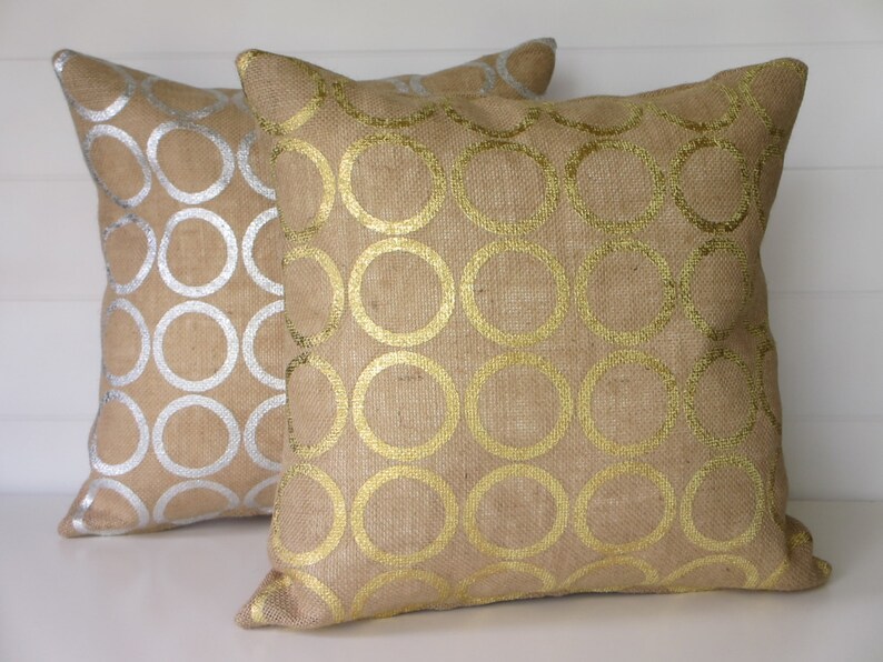 Burlap Pillow Cover, Metallic Silver or Gold Circles Metallic Burlap, Shabby Chic Metallic Decorative Throw Pillow, Sparkly Accent Pillow image 2
