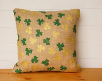 Shamrock Pillow Cover, Burlap St. Patrick's Day Pillow, Irish Decor, Metallic Burlap, Green, Gold Metallic Pillow, Irish Shamrock Cushion