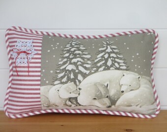 Polar Bear Winter Pillow, Christmas Pillow,  Gray Christmas Paris Fabric, Red & White Ticking, Decorative Throw Cushion