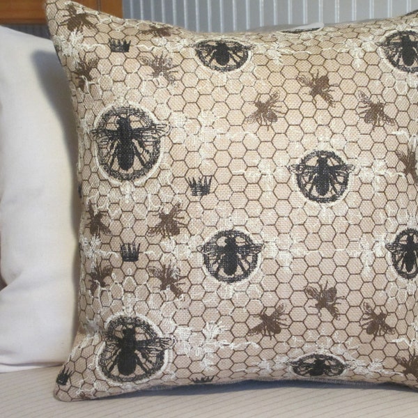 Burlap Pillow Cover, Paris Honey Bee Pillow, Honeycomb Shabby Chic Decor, Decorative Throw Pillow Cover, Accent Pillow,  18"