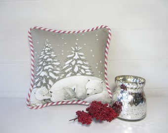 Christmas Polar Bear Pillow, Paris Fabric Christmas Pillow, Grey, Red and White Ticking, Holiday Decor, 9"x11" Adorable Bear Accent Cushion