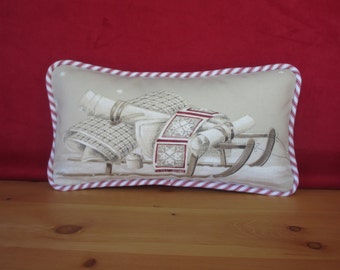 Christmas Pillow, Sled Pillow, Red and Beige Christmas Paris Fabric, Quilt on Sled Pillow, Red & White Ticking, Decorative Throw Pillow