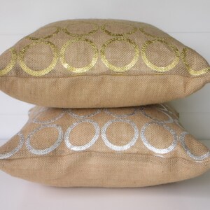 Burlap Pillow Cover, Metallic Silver or Gold Circles Metallic Burlap, Shabby Chic Metallic Decorative Throw Pillow, Sparkly Accent Pillow image 5