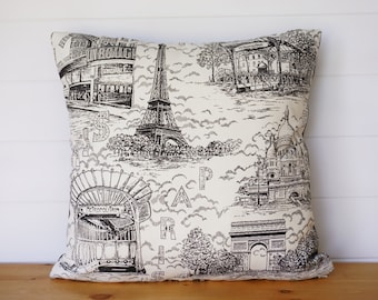 Paris Pillow Cover, Fabric FROM Paris! French Country, Eiffel Tower Pillow, Country French Pillows, Black and White Pillows, Paris Decor