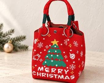 Christmas Woven Top Handle Bag, Festive Everyday Accessory, Gift for Her, Holiday Present, Polyester Tote, Rope Handles and Ring Details