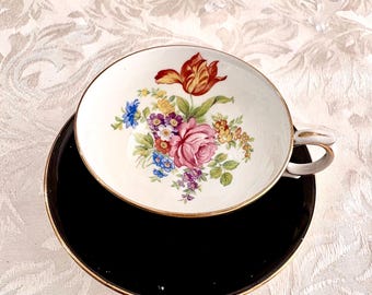 Vintage Windsor Bone China Teacup Saucer Black Gold Floral England