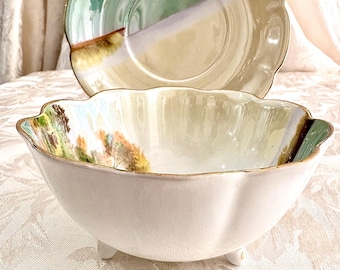 Plato de té vintage Noritake pintado a mano con forma de faro y pie, fabricado en Japón.