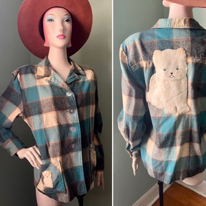 1950s Teal Plaid Wool 49er Jacket with Cat Appliqués Pendleton Style Jacket Shacket