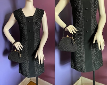 1960s Couture Designer Embroidered Little Black Cocktail Dress S