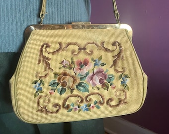 1960s Yellow Floral Needlepoint Tapestry Purse