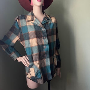 1950er Jahre Petrol karierte 49er Jacke aus Wolle mit Katzen-Applikationen