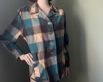 1950s Teal Plaid Wool 49er Jacket with Cat Appliqués Pendleton Style Jacket Shacket
