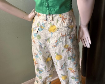 90s does 40s 50s Style Novelty Print Seashell Capris Clamdiggers High Waisted M