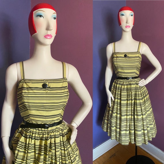 Vintage 1950s Horrockses Chartreuse Striped Dress