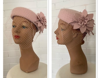Vintage 80s does 60s Sugar Pink Felt Hat with Flower and Birdcage Veil