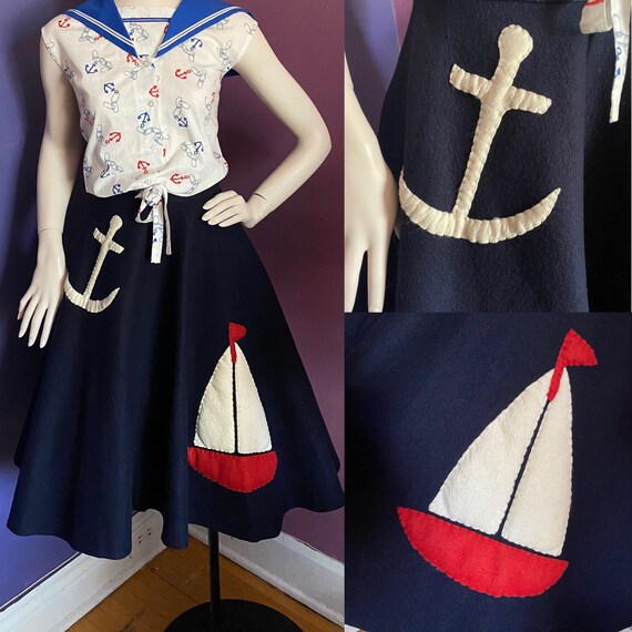 Vintage 1950s Novelty Nautical Felt Skirt Sailboat