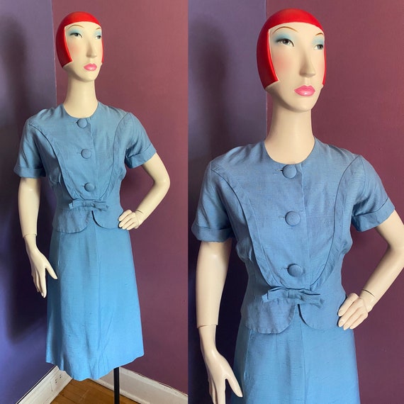 Vintage 1950s Designer Blue Silk Suit L