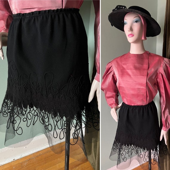 90s Black Embroidered Flared Mini Skirt Mermaid M… - image 1