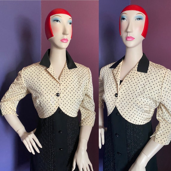 Vintage 1950s Cream and Black Bolero M