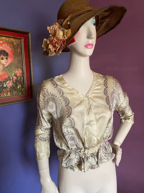 Vintage Edwardian 1910 Printed Silk Blouse XS - image 2