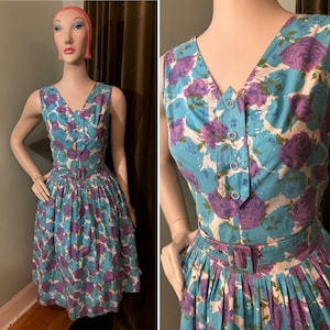 Vintage 1950s Rose Print Dress M