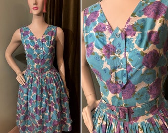 Vintage 1950s Rose Print Dress M
