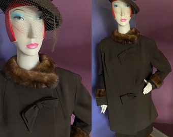 1950s Brown Wool Coat Suit Mink Trim M L XL