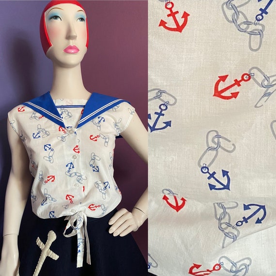Vintage 1950s Novelty Print Nautical Blouse M L