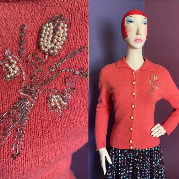 Vintage 1940s Coral Beaded Cardigan S M
